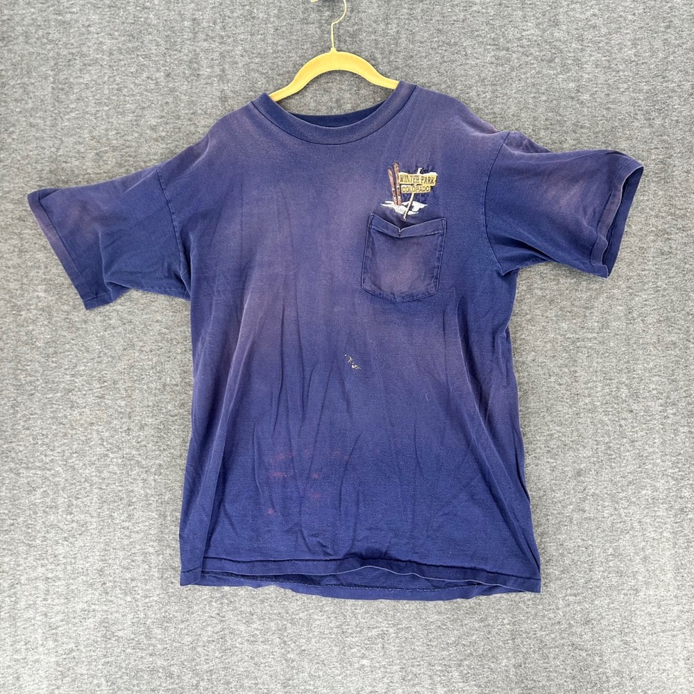 Vintage Winter Park Colorado Ski Pocket Shirt Mens Large Blue USA Single Stitch